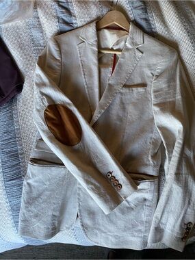 Zara Beige Linen Blend Blazer with Brown Elbow Patches